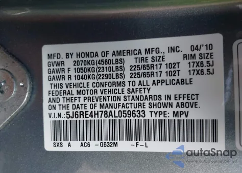 2010 Honda Cr-V Ex-L из США, поврежденный, VIN 5J6RE4H78AL059633